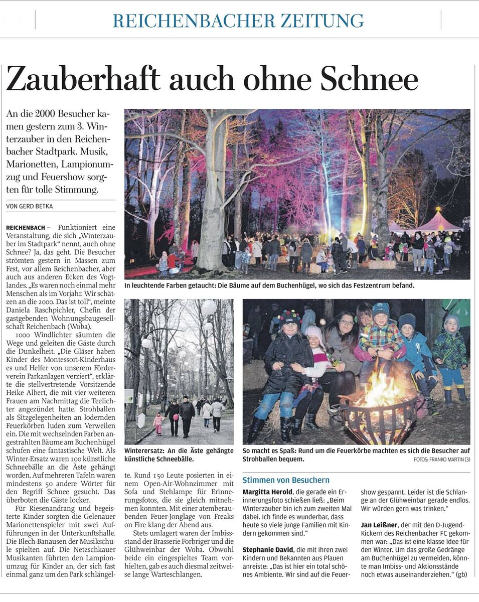 Freie-Presse-Artikel: Rückblick auf den erfolgreichen Winterzauber Stadtpark.